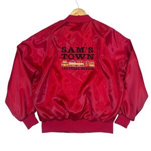 Vintage 80’s SAM’S TOWN Las Vegas ROYAL FLUSH CLUB Satin Bomber Jacket Sz L USA